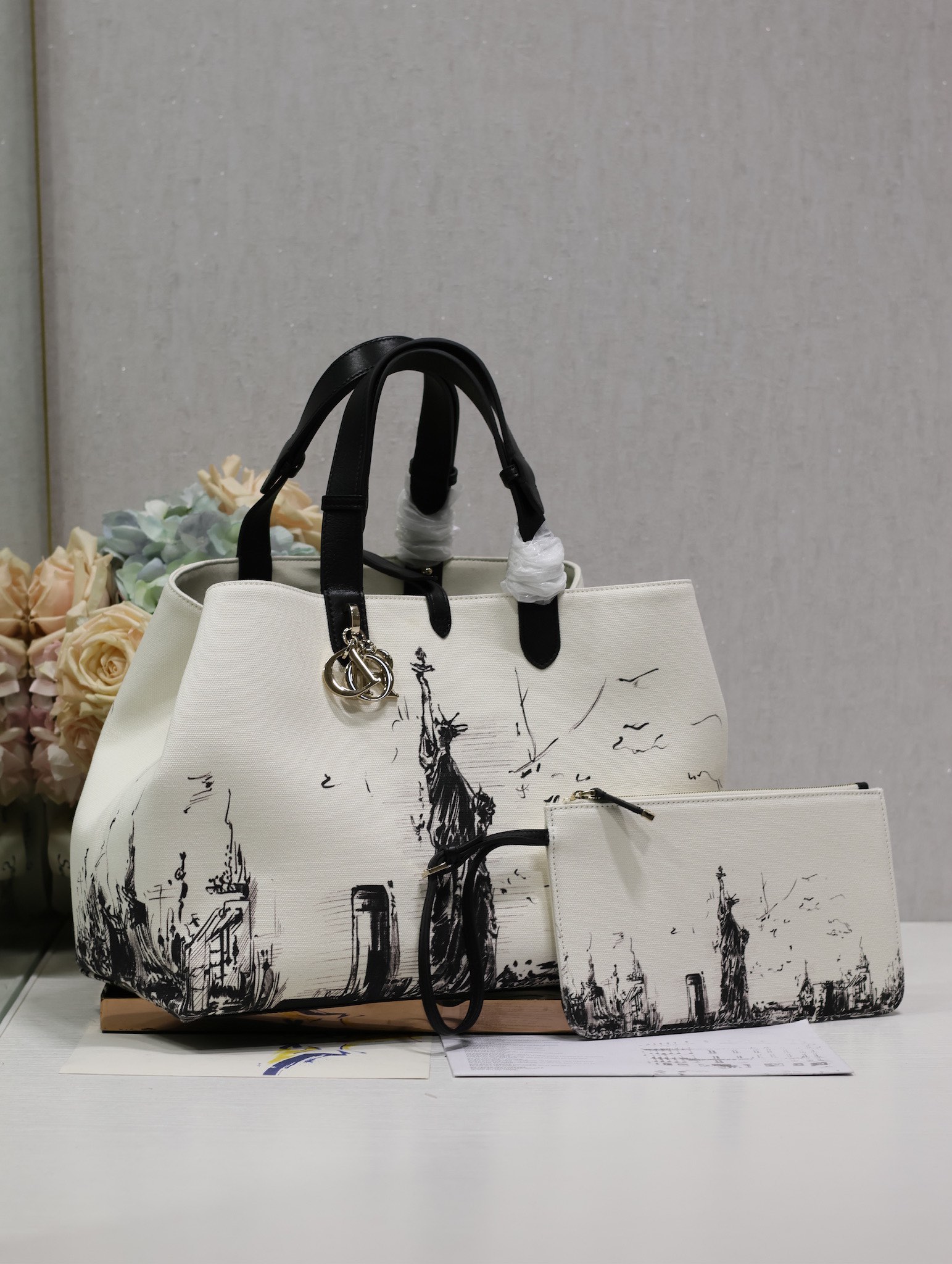 Large Dior Toujours Bag Latte and Black Canvas with New York Print